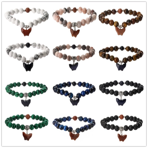 Butterfly Charm Beaded Bracelet Natural Stone Tiger Eye Turquoise Lava Rock Elastic Healing Energy Unisex Jewelry Gift