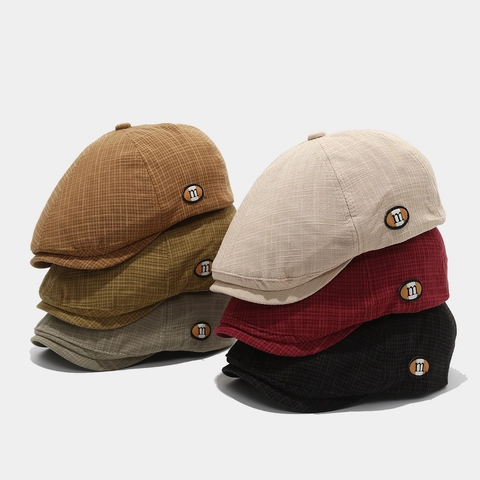 Vintage Plaid Newsboy Cap Cotton Adjustable Retro Octagonal Flat Hat With M Letter Logo For Men And Women
