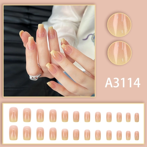 Glossy Ombre Pink Yellow Press On Nails Short Squoval Artificial Nail Tips Fashionable Manicure For Women