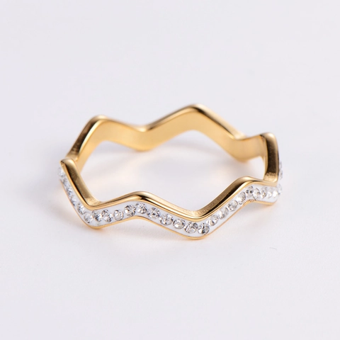 Wellenförmiger Edelstahlring Für Damen Minimalistisch 18K Vergoldet Strass Zirkon Eleganter Fingerschmuck