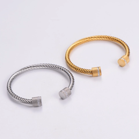 Edelstahl Gedrehtes Kabel Offener Armreif Mit Zirkonia Strass Vergoldet Metall Armband Für Damen Herren Punk Schmuck
