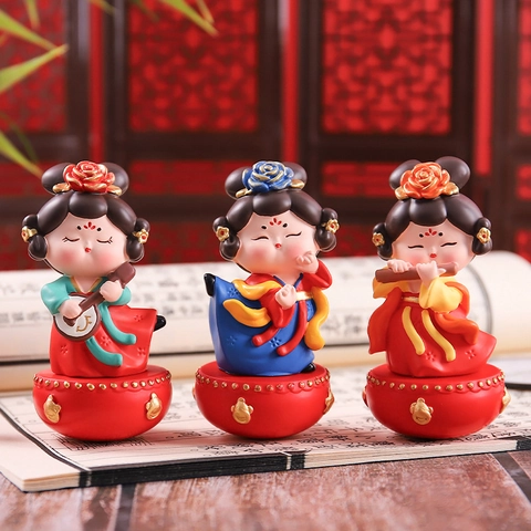 Chinese Tang Dynastie Dame Tuimelaar Ornament Hars Figuur Q Versie Traditionele Home Decor Desktop Cadeau Statuetten