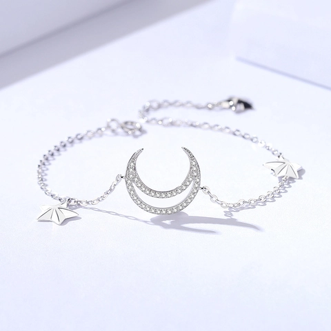 Pulsera de Estrella Luna de Plata de Ley 925 para Mujer Minimalista Incrustada con Circonia Cadena Ajustable Joyería de Moda