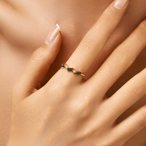 Smaragd Schliff Blau Zirkonia Ring 925 Sterling Silber Vergoldet Geometrischer Vintage Stil Schmuck Für Frauen