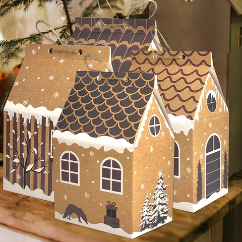 Weihnachten Lebkuchenhaus Geschenkboxen Kraftpapier Süßigkeiten Plätzchen Verpackung Hanfseil Schneeflocken Anhänger Festlich