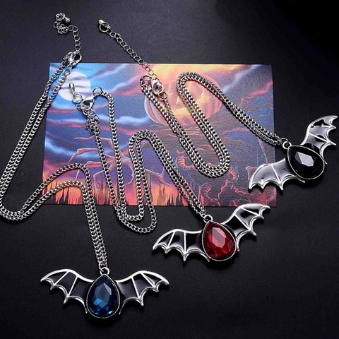 Bat Pendant Necklace Alloy Enamel Water Drop Rhinestone Gothic Punk Halloween Jewelry For Women Men