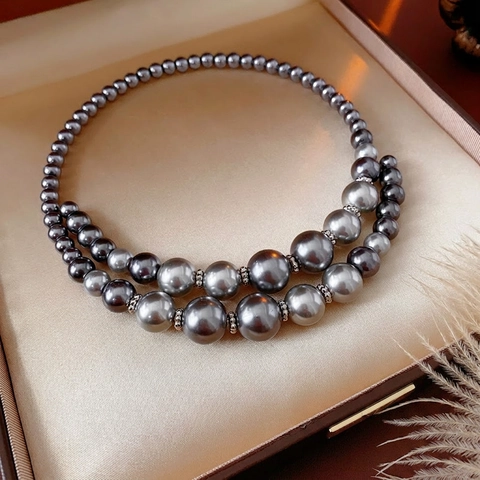 Layered Grey Imitation Artificial Pearl Necklace French Vintage Gradient Bead Alloy Choker With Rhinestone Spacers For Women Elegant