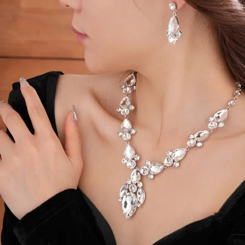 Collar Y Pendientes De Strass Con Gota De Agua Aleación Joyería De Lujo Para Mujeres Boda Fiesta Novia Banquete