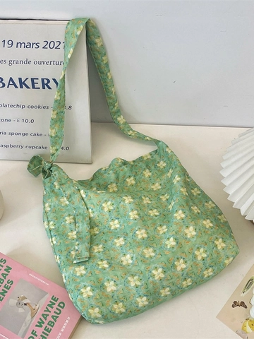 Fresh Green Lotus Floral Print Tote Bag Polyester Fabric Slouchy Hobo Shoulder Bag With Knot Tie Straps For Women