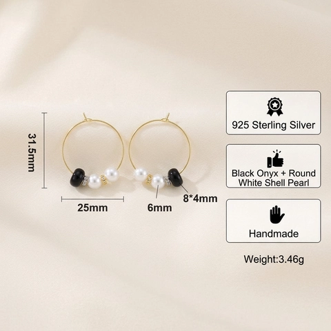 Pendientes De Aro Con Poste De Plata 925 Obsidiana Negra Perla Artificial De Concha Blanca Retro Elegante Joyería Para Mujer