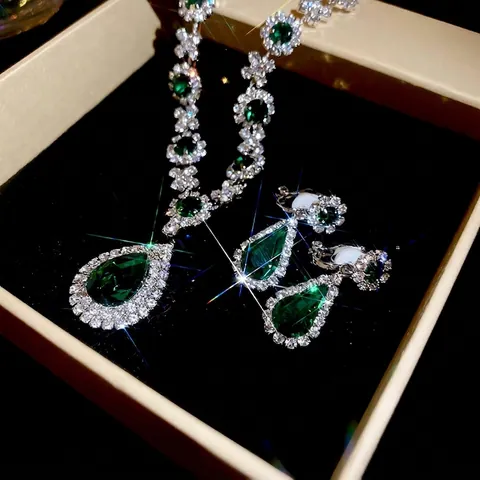 Waterdrop Pear Shape Necklace And Earrings Emerald Green Red Rhinestone Alloy Luxury Elegant Jewelry For Women Wedding