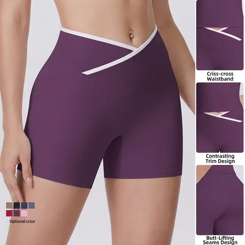 Damen Yoga Shorts Hohe Taille Criss Cross V Taille Kontrastbesatz Lifting Eng Sport Laufen Fitness Nylon Spandex