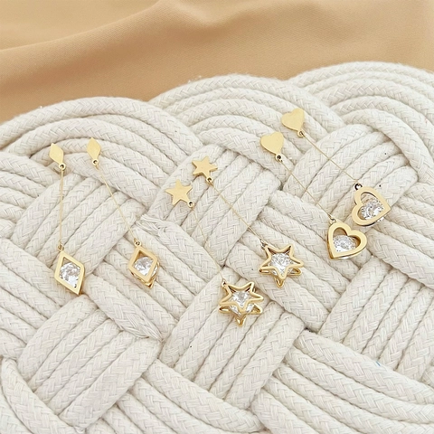 Orecchini Pendenti In Acciaio Inossidabile Placcato Oro Con Forme Geometriche Stella Cuore Rombo E Zirconi Per Donna