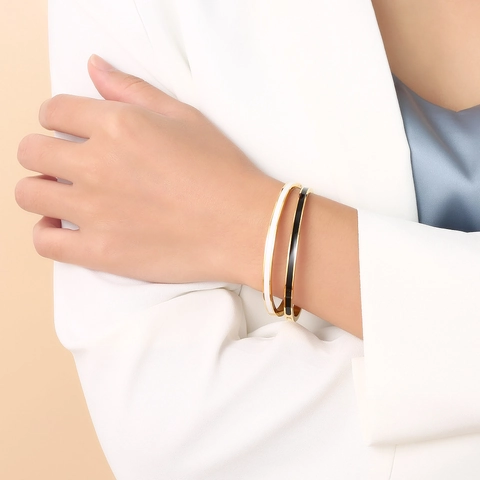 Women Slim Bangle Bracelet Stainless Steel Enamel Inlay Gold Plated Hinge Clasp Minimalist Fashion Polished