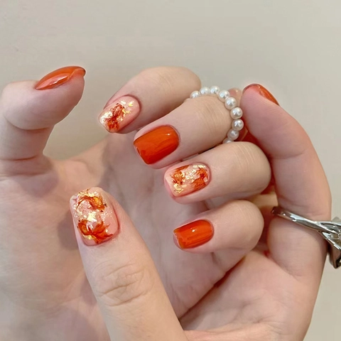 Red Press On Nails Short Square Round Shape Goldfish Pattern Gold Foil Glitter Chinese Style Lucky Koi For Women