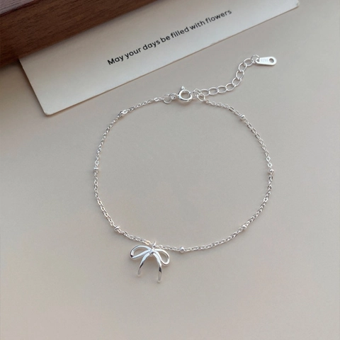 Bowknot Pendant Bracelet 925 Sterling Silver Dainty Bead Chain Adjustable Elegant Jewelry For Women Girls