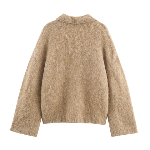 Women Knit Sweater Polo Collar V Neck Brushed Texture Solid Color Long Sleeve Casual Pullover Elegant Camel