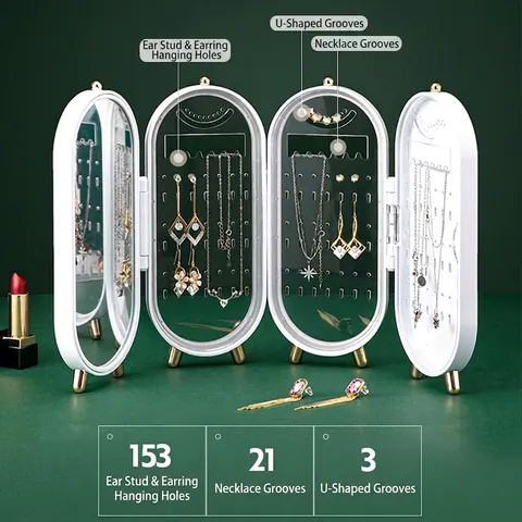 Jewelry Organizer Folding Screen Plastic Display Rack With Mirror For Earrings And Necklaces Dustproof Luxury Style