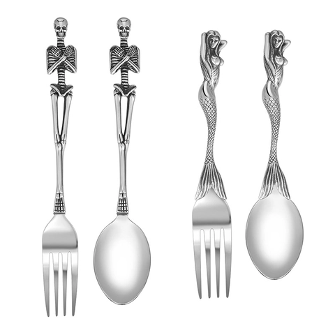 Gothic Stainless Steel Skull And Mermaid Cutlery Set Retro Dinnerware Fork Spoon Knife Halloween Table Decor