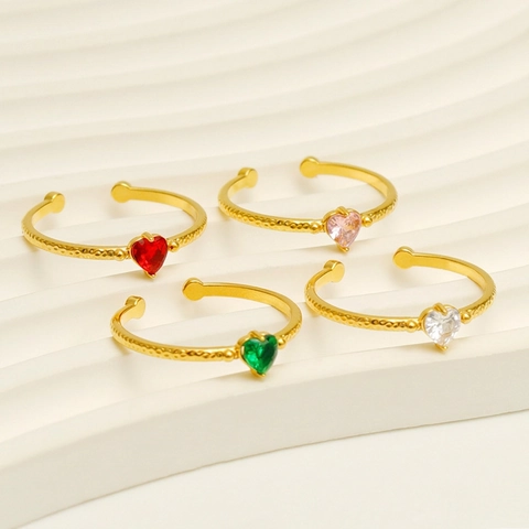 Heart Zircon Adjustable Ring Stainless Steel Hammered Texture Gold Plated Fashion Jewelry Women Light Luxury Style