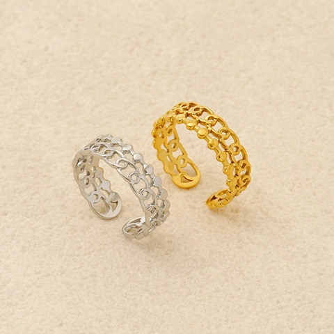 Anillo Abierto Ajustable Textura Cadena Hueca Acero Inoxidable Chapado En Oro PVD Joyería Geométrica Minimalista Para Mujer
