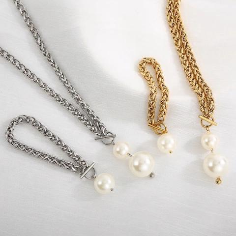 Stainless Steel Jewelry Necklace And Bracelet With Imitation Artificial Pearls Chunky Chain Toggle Clasp Fashion For Women