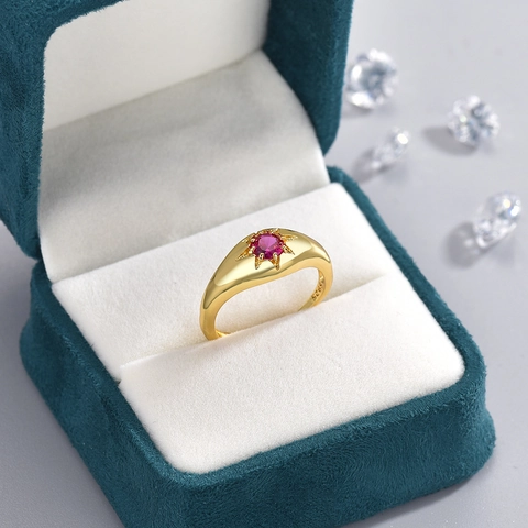 Vintage Starburst Ring Gold Plated Copper With Red Gemstone Adjustable Retro Court Style For Women