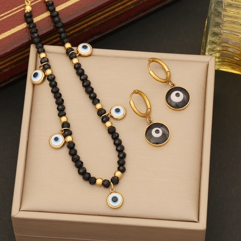 Evil Eye Jewelry Necklace Bracelet And Earrings Stainless Steel Gold Plated Black Crystal Beads Retro Mysterious Women