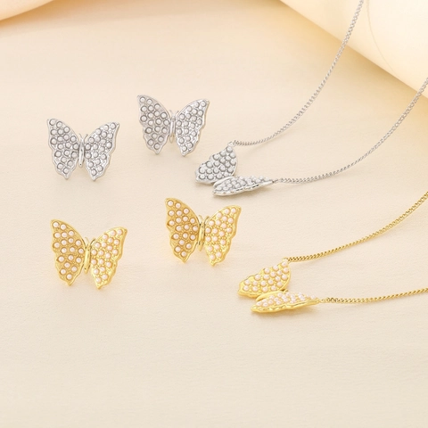 Elegant Butterfly Necklace Stud Earrings Jewelry Set Stainless Steel Imitation Artificial Pearl Pendant Fashion For Women