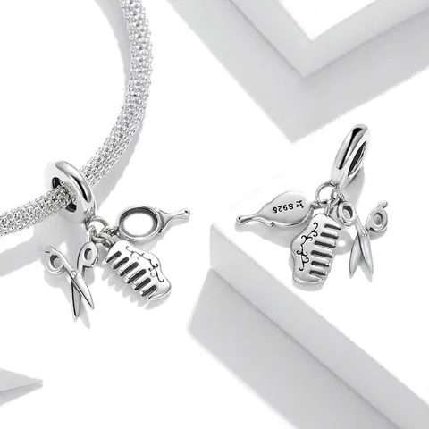 925 Sterling Silver Charm Pendant Hairdresser Scissor Comb Mirror Jewelry Component For DIY Bracelets Hair Stylist Theme