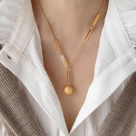 Frosted Ball Pendant Necklace Titanium Stainless Steel Mixed Link Clavicle Chain Minimalist Jewelry Gift For Women Gold Color