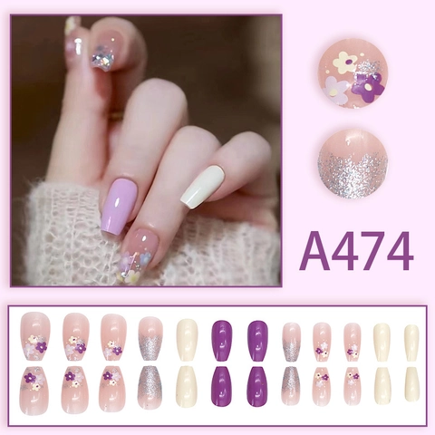 Press On Nails Medium Long Square Translucent Purple White Floral Design Glitter Gradient Reusable Fake Nails With Glue