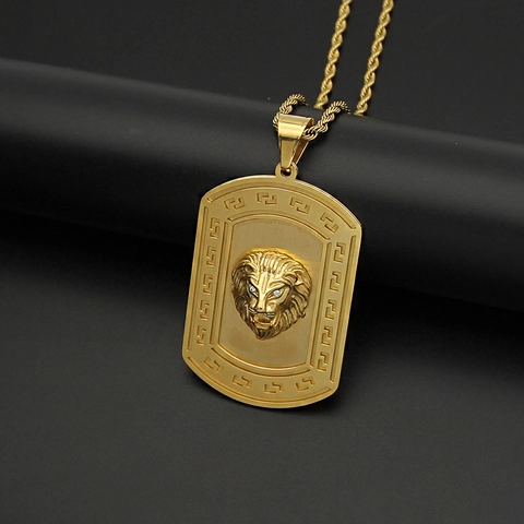 Lion Head Military Tag Pendant Necklace 316L Stainless Steel IP Gold Plated Hiphop Rock Jewelry With Rhinestone Eyes