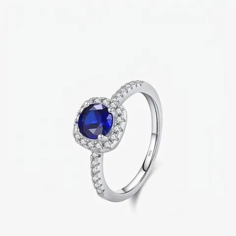 925 Sterling Silver Ring Round Blue Simulated Sapphire Halo Luxury Wedding Engagement Jewelry For Women Elegant Style