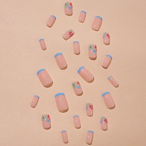 Uñas Postizas De Presión Con Punta Francesa Azul Y Patrón Floral Dulces Uñas De Resina Para Mujer Estilo Minimalista