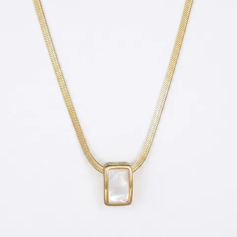 Minimalist Rectangle Mother Of Artificial Pearl Pendant Necklace For Women Stainless Steel Gold Plated Herringbone Snake Chain Chic