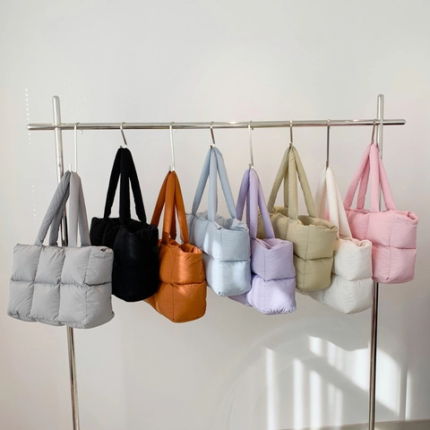 Quilted Puffer Tote Bag Large Capacity Lightweight Soft Cotton Filled Shoulder Handbag For Women Casual Travel