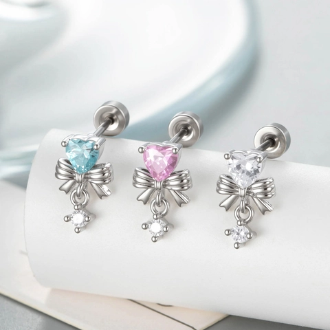 Clou D'oreille Cartilage Nœud Papillon Cœur Zircon Avec Tige En Acier Titane Bijoux De Piercing En Cuivre