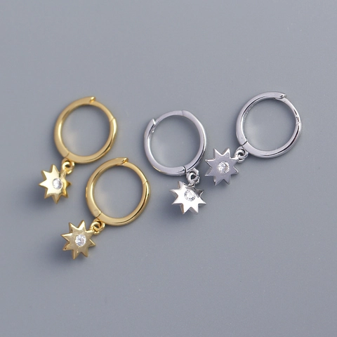 Hoop Ohrringe 925 Sterlingsilber Mit Oktogonalem Sternanhänger Zirkon Eingelegt Einfache Mode Damen Schmuck