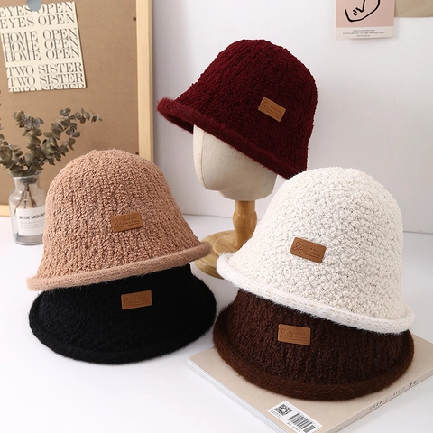 Women Winter Bucket Hat Lambswool Fleece Warm Solid Color Retro Korean Style With Leather Label Soft