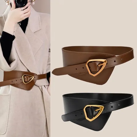 Women Genuine Leather Wide Waistband Belt Vintage Triangle Alloy Buckle Corset For Dresses Coat Retro Fashion Accessory