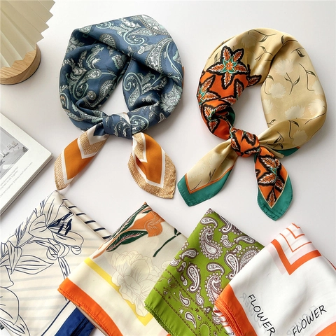 Women Square Scarf Polyester Satin Satin Like Print Paisley Floral Geometric Ginkgo Leaf Neck Head Scarf Hair Band