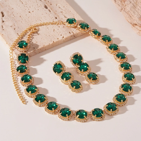 Luxury Alloy Rhinestone Necklace And Earrings Halo Square Round Geometric Jewelry Elegant Evening Party Banquet Women