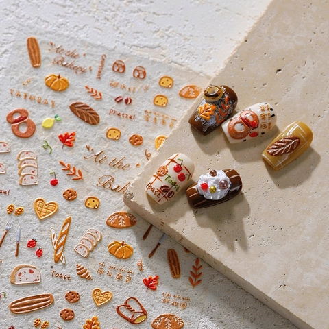 3D Reliëf Nagelkunst Stickers Herfst Bakkerij Thema Brood Pompoen Croissant Esdoornblad Vintage Zelfklevende Stickers