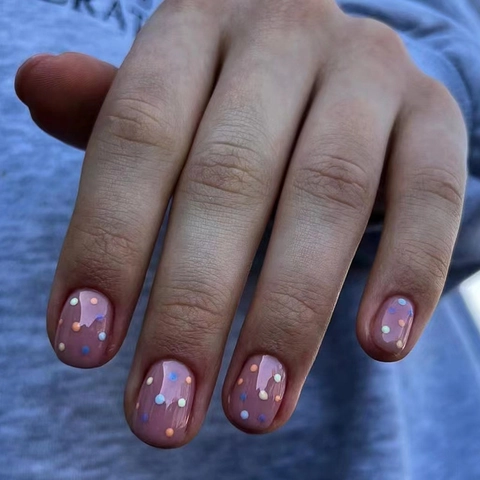 Glossy Press On Nails Purple Pink With Multi Color Polka Dots Abstract Lines Full Cover Artificial Fake Fingernails Women