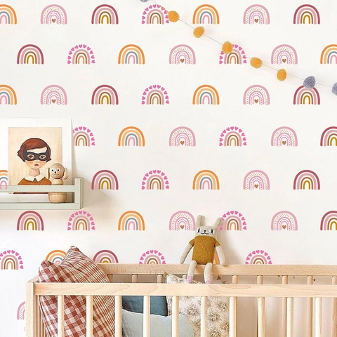 Autocollants Muraux Arc-En-Ciel Bohème Cœur PVC Décoration Chambre Enfant Nursery Dessinés Main