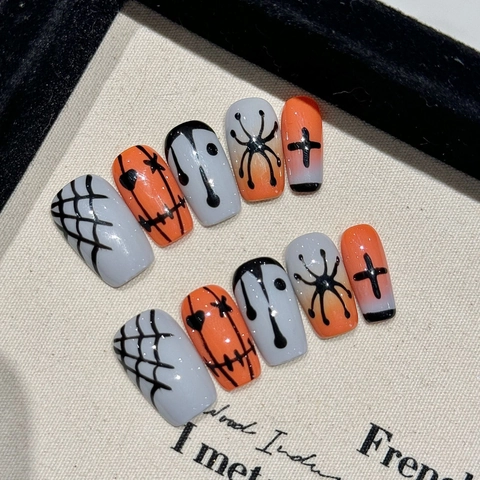 Halloween Press On Nails Hecho A Mano Oscuro Punk Araña Calabaza Brillante Reutilizable Uñas Postizas Artificiales