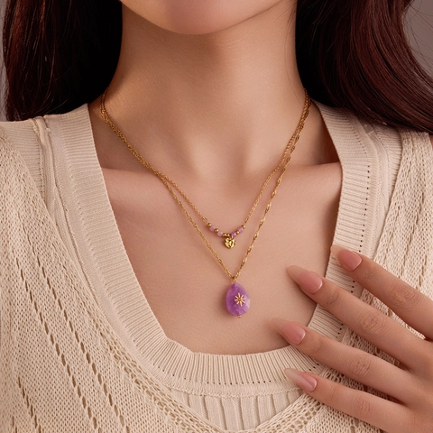 Collana Doppio Strato In Acciaio Inossidabile Pendente Goccia Pietra Naturale Viola Stella Ottogramma Fascino Cuore Oro