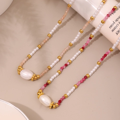 Collana Perline Fatta Mano Acciaio Inossidabile Pietra Naturale Agata Perla Conchiglia Perla Acqua Dolce Gioielli Donne