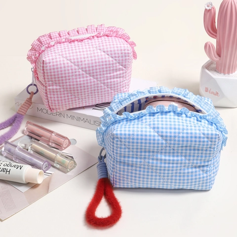 Gesteppte Karo Kosmetiktasche Rüschen Große Kapazität Reißverschluss Make-Up Beutel Mit Buntem Plüschgriff
